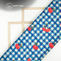 Checks And Floral Design Navy Blue Colour Digital Print Japan Satin Fabric