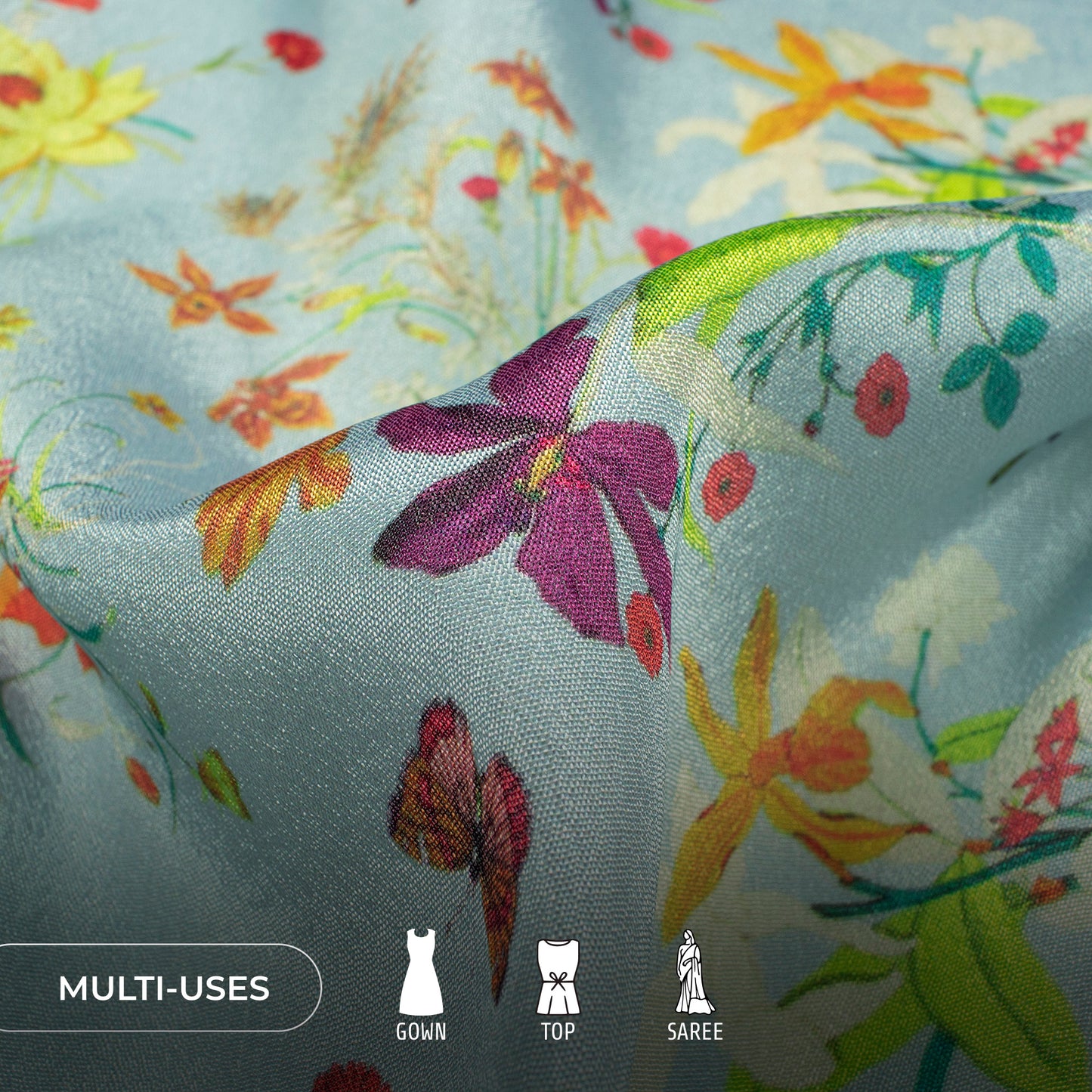 Cadet Blue Floraldigital Print Poly Chinnon Chifon Fabric