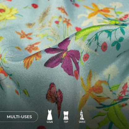 Cadet Blue Floraldigital Print Poly Chinnon Chifon Fabric