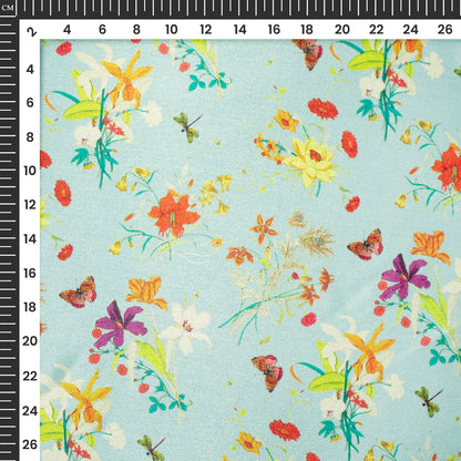 Cadet Blue Floraldigital Print Poly Chinnon Chifon Fabric