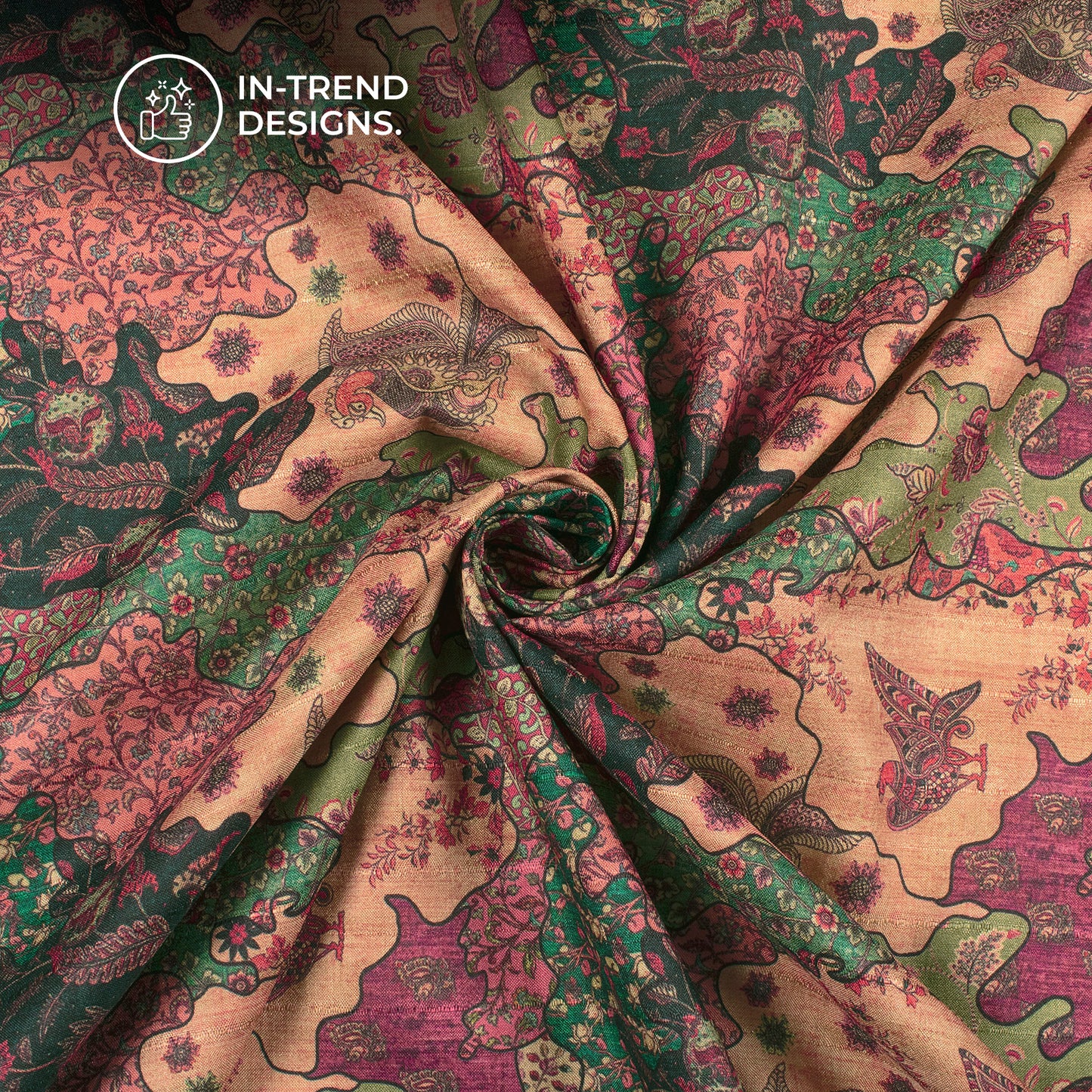 FolkFusion- Designer Abstract Folk Digital Print Art Tusser Silk Fabric