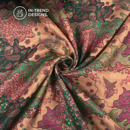 FolkFusion- Designer Abstract Folk Digital Print Art Tusser Silk Fabric