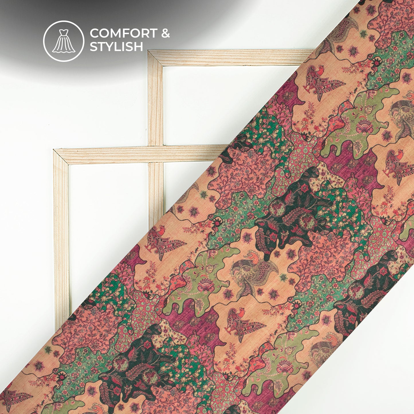 FolkFusion- Designer Abstract Folk Digital Print Art Tusser Silk Fabric