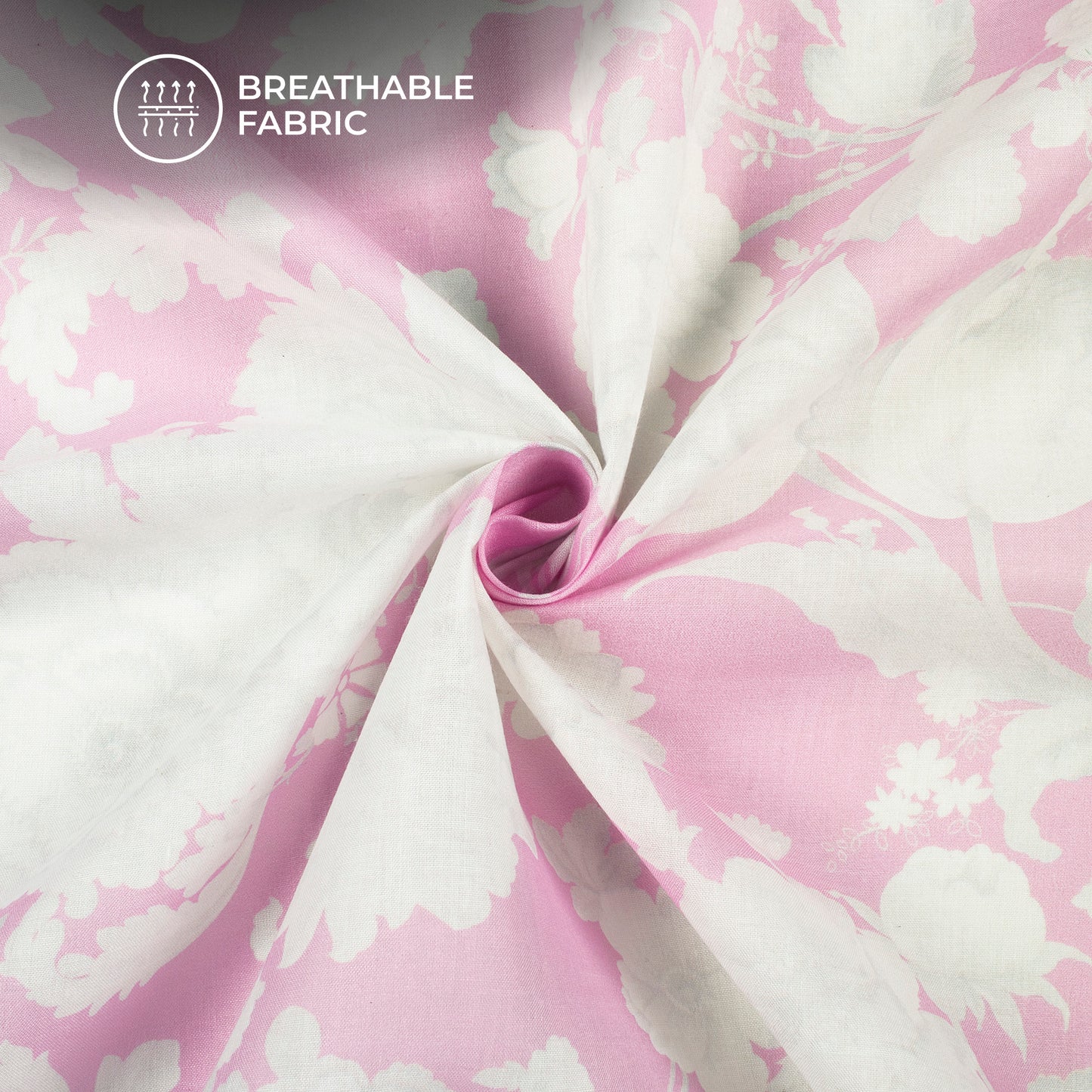 Baby Pink Back Ground White Shadow Floral Digital Print Poly Cambric Fabric