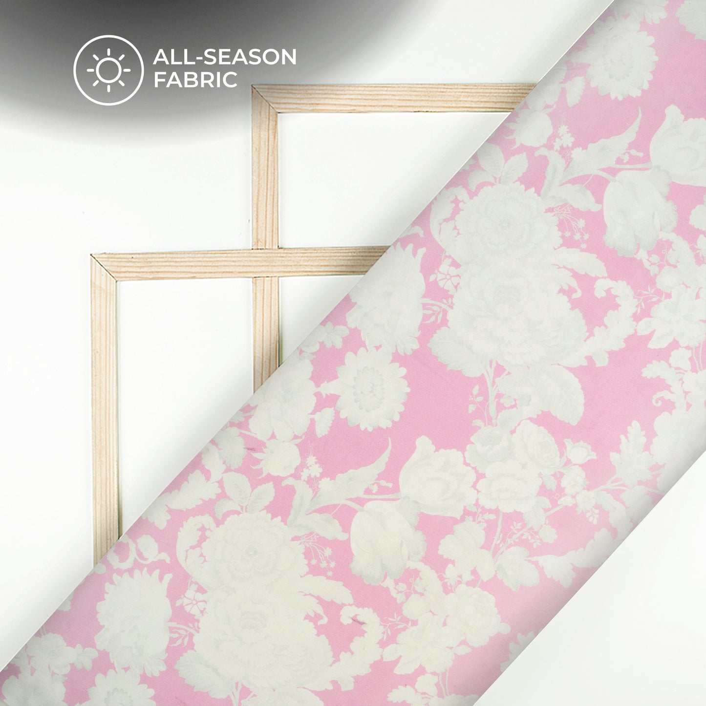 Baby Pink Back Ground White Shadow Floral Digital Print Poly Cambric Fabric