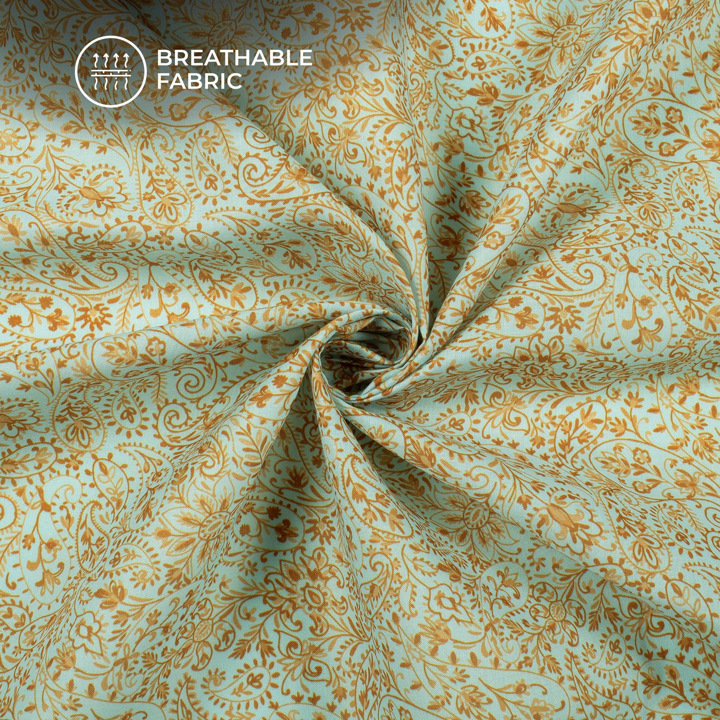 Powder Blue Back Ground Golden Paisley Digital Print Poly Cambric Fabric