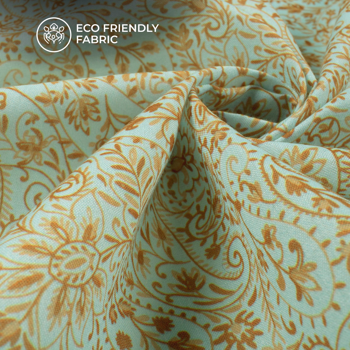 Powder Blue Back Ground Golden Paisley Digital Print Poly Cambric Fabric