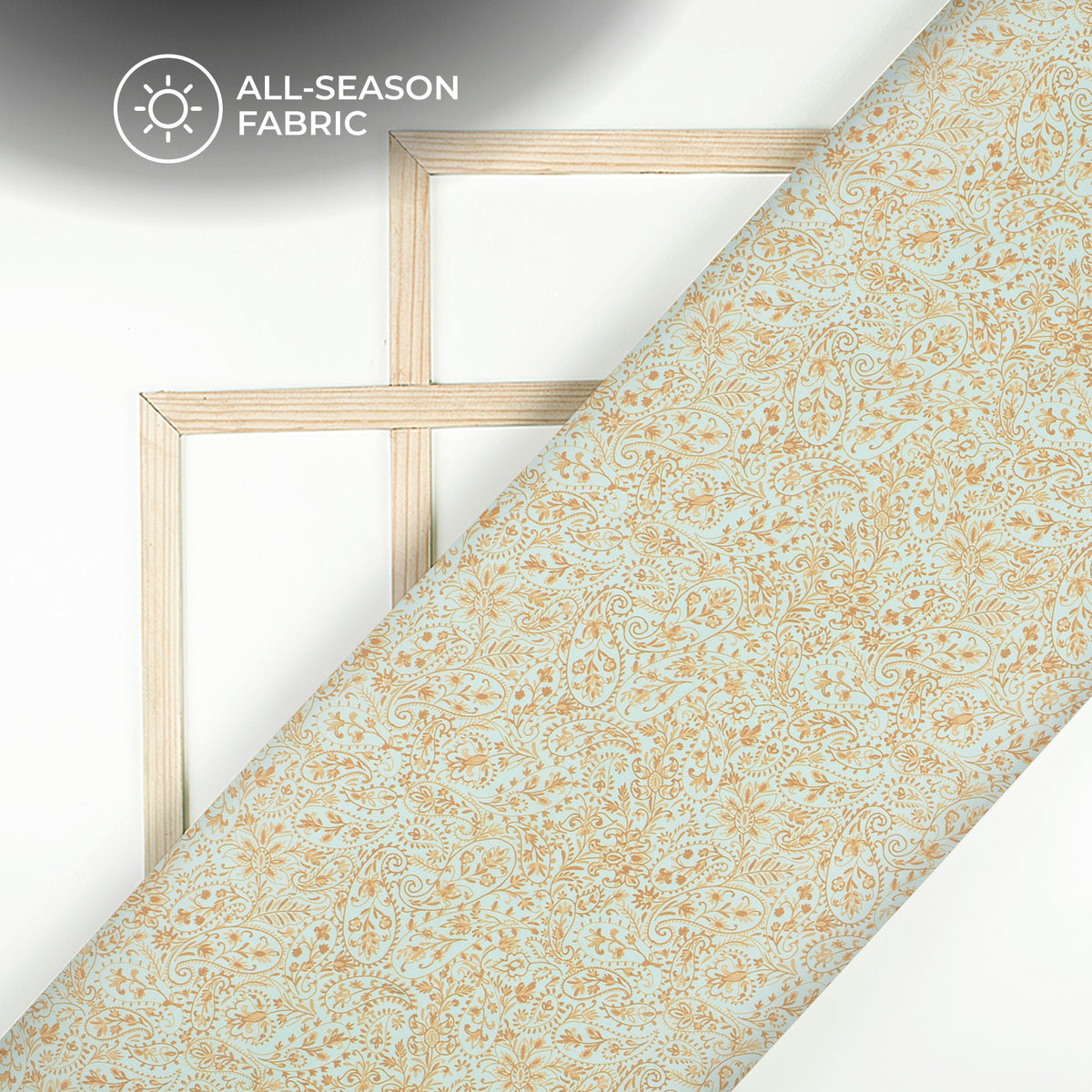 Powder Blue Back Ground Golden Paisley Digital Print Poly Cambric Fabric