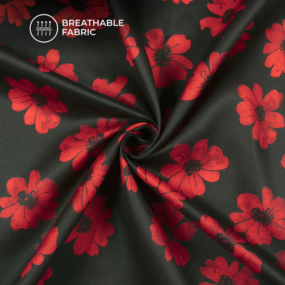 Black And Dark Red Flower Digital Print Poly Glazed Cotton Fabric