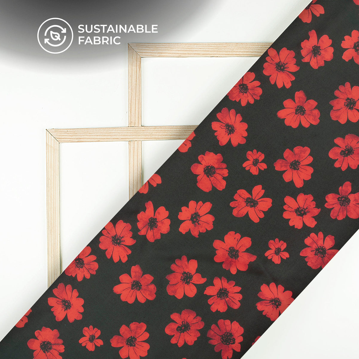Black And Dark Red Flower Digital Print Poly Glazed Cotton Fabric