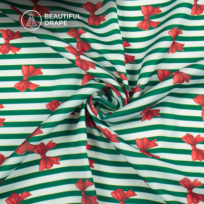 Red Bow Stripes Digital Print Imported Satin Fabric - Perfect For Festive Garments