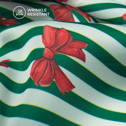 Red Bow Stripes Digital Print Imported Satin Fabric - Perfect For Festive Garments