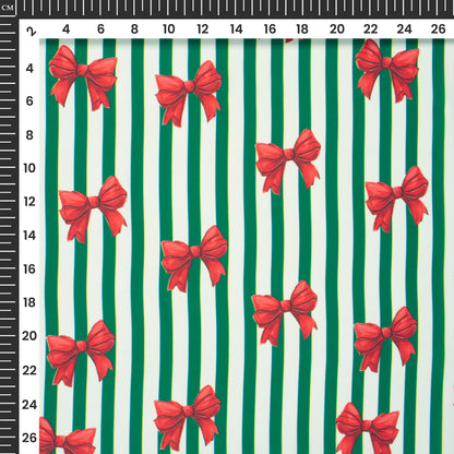 Red Bow Stripes Digital Print Imported Satin Fabric - Perfect For Festive Garments
