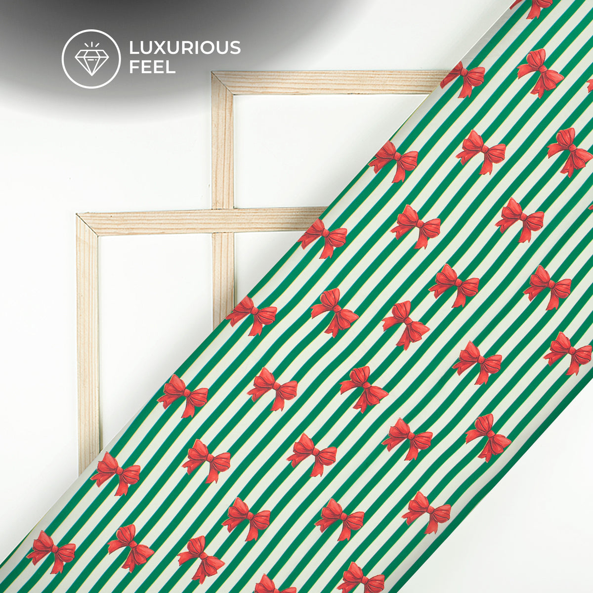 Red Bow Stripe Digital Print Imported Satin Fabric - Perfect For Festive Garments