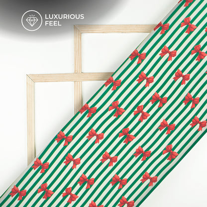 Red Bow Stripes Digital Print Imported Satin Fabric - Perfect For Festive Garments
