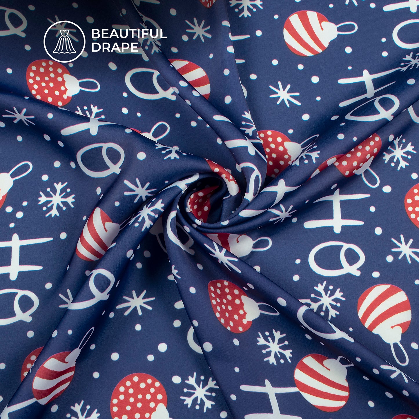 Frosty Night Digital Print Imported Satin - Navy Blue Christmas Snowflake Fabric