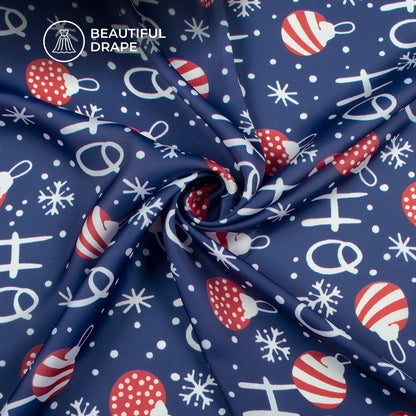 Frosty Night Digital Print Imported Satin - Navy Blue Christmas Snowflake Fabric