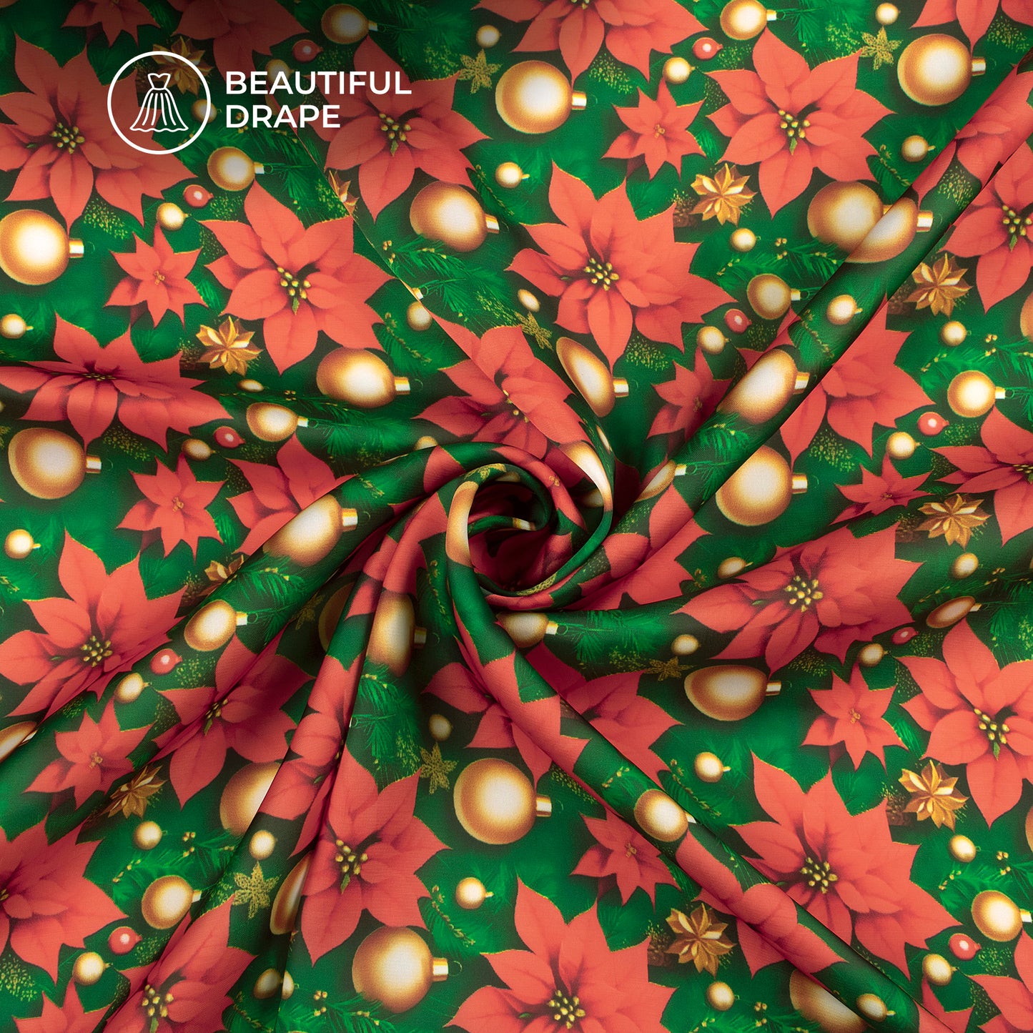 Popular Modified Leaves With Christmas Ornaments Digital Print Imported Satin Fabric
