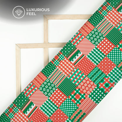 Seamless Patchwork Christmas Theme Digital Print Imported Satin Fabric