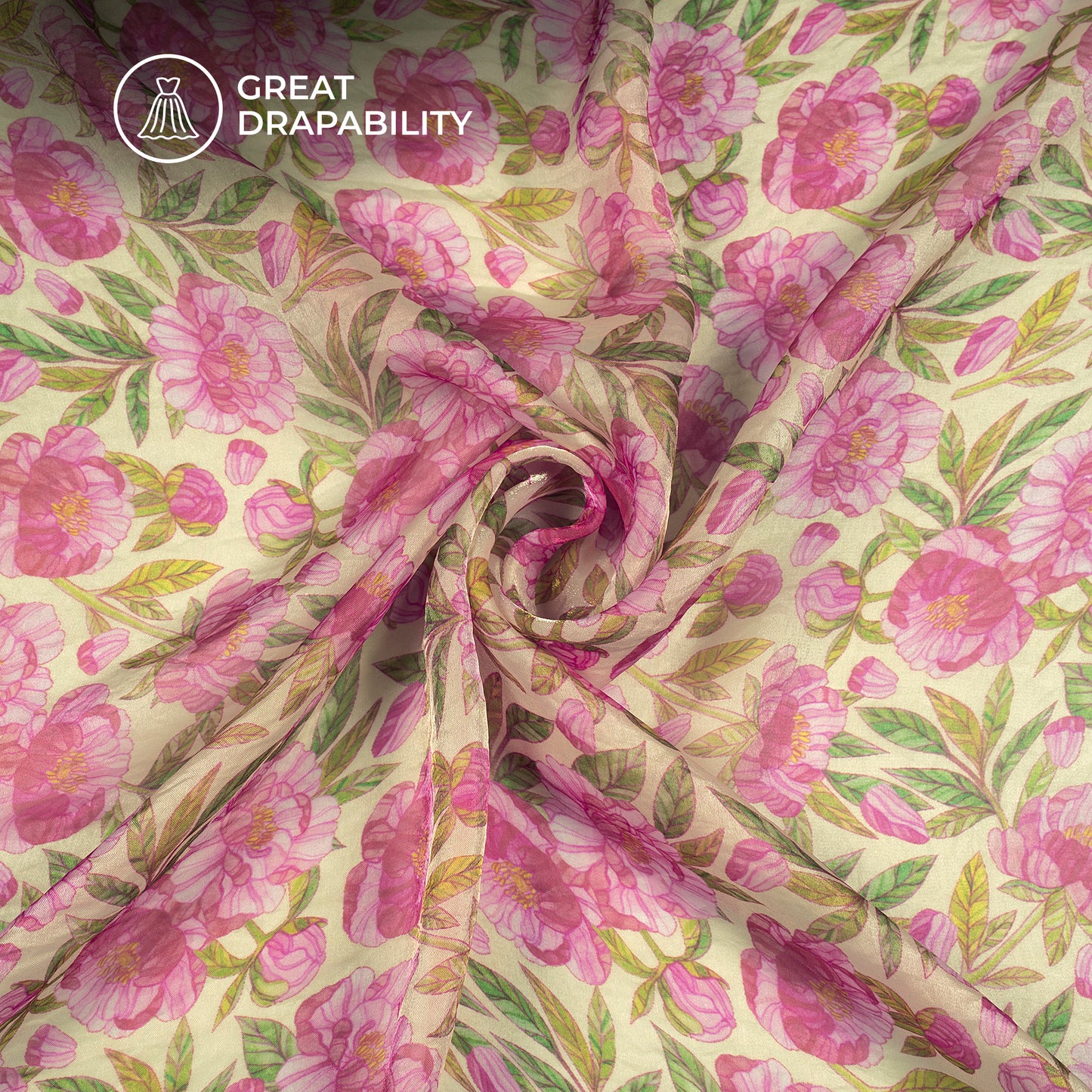 Pink Peonies And Green Digital Print Shimmer Tissue Fabric