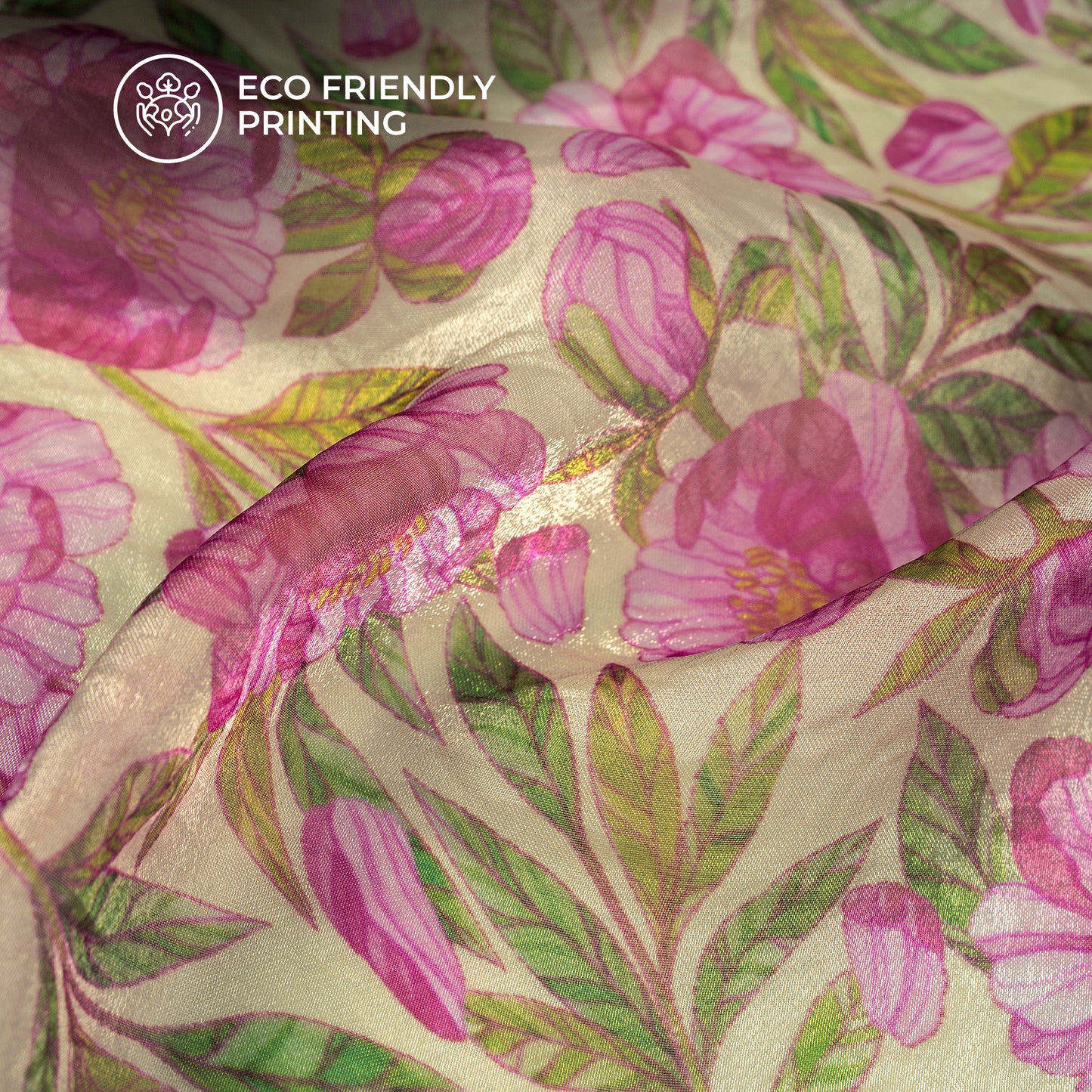 Pink Peonies And Green Digital Print Shimmer Tissue Fabric