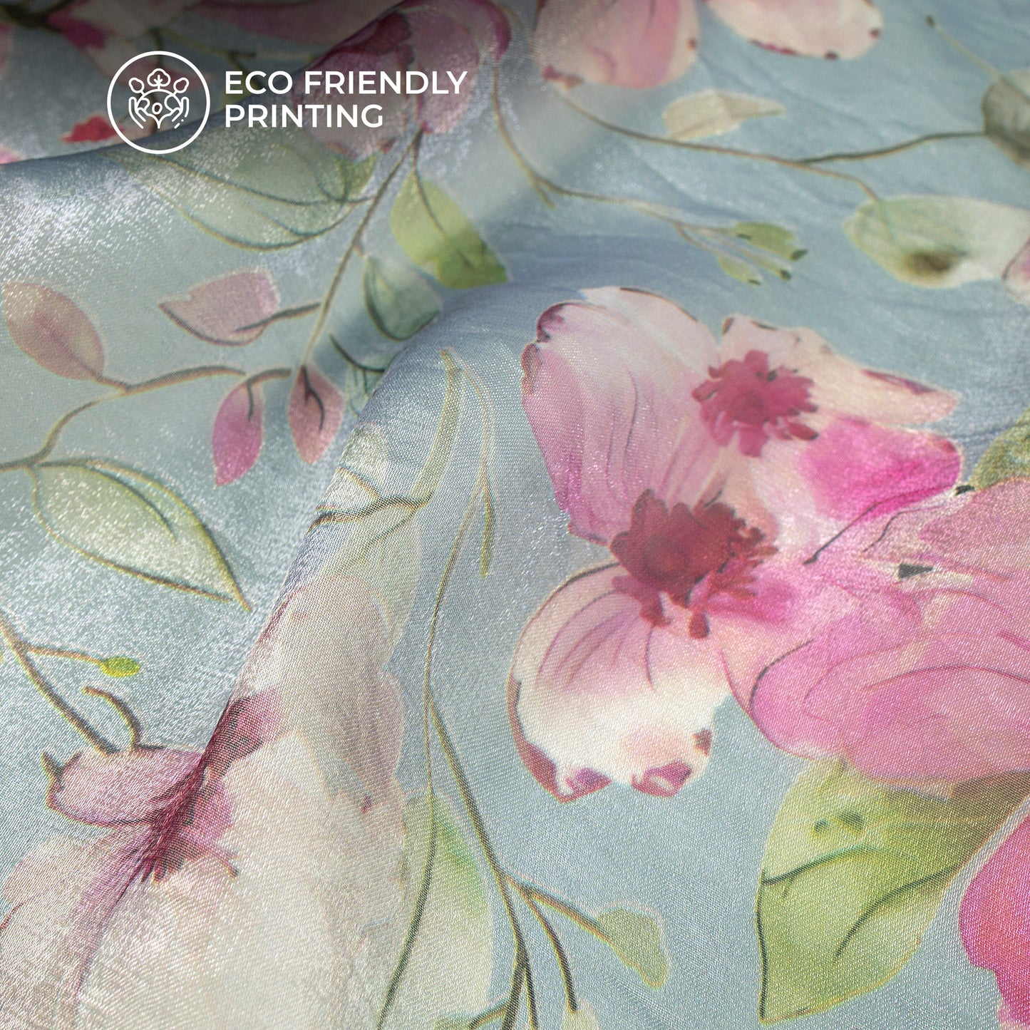 Artistic Feel Flowers On A Gray Background Digital Print Shimmer Tissue Fabric