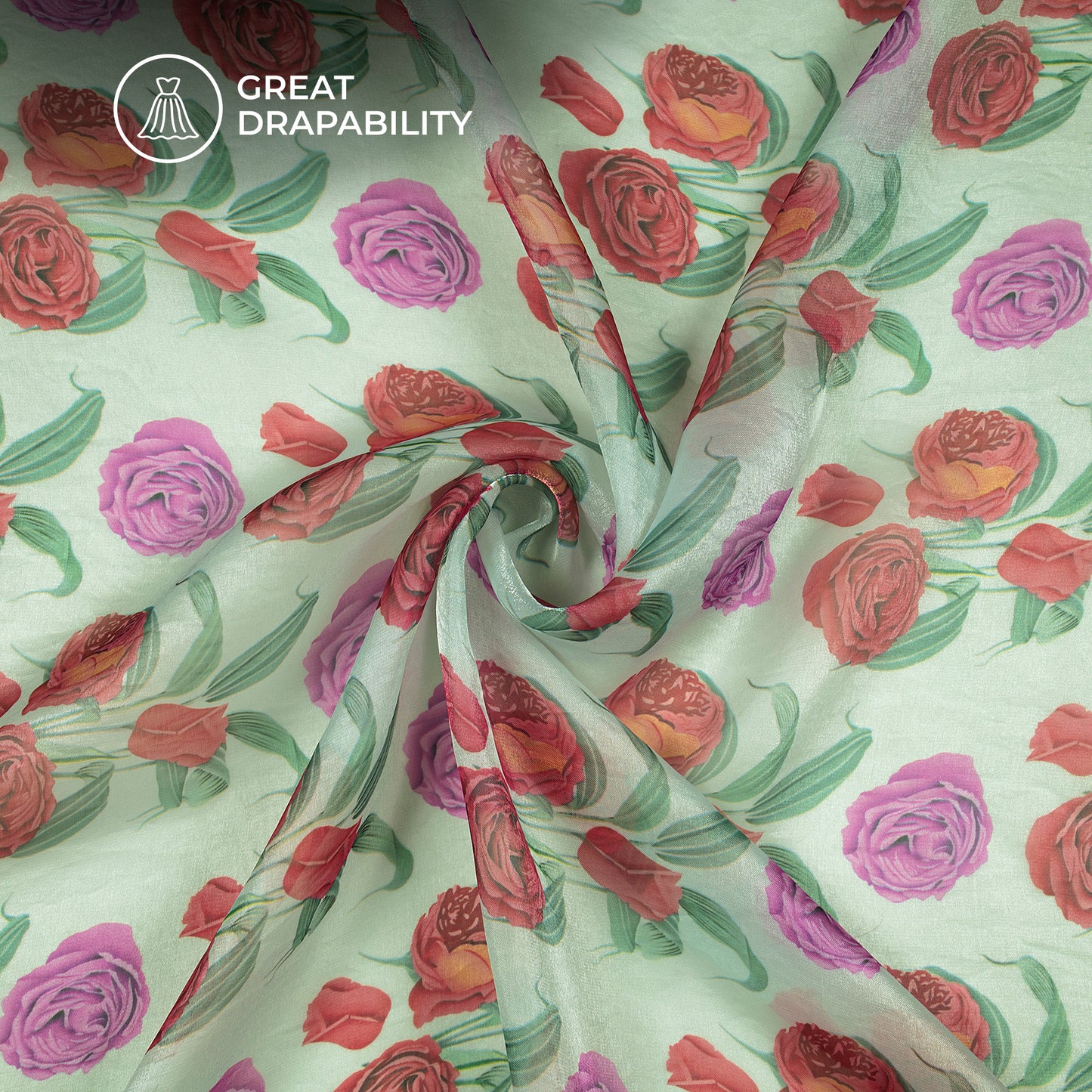 Illustrations Of Roses And Leave On Pale Green Background Digital Print Shimmer Tissue Fabric
