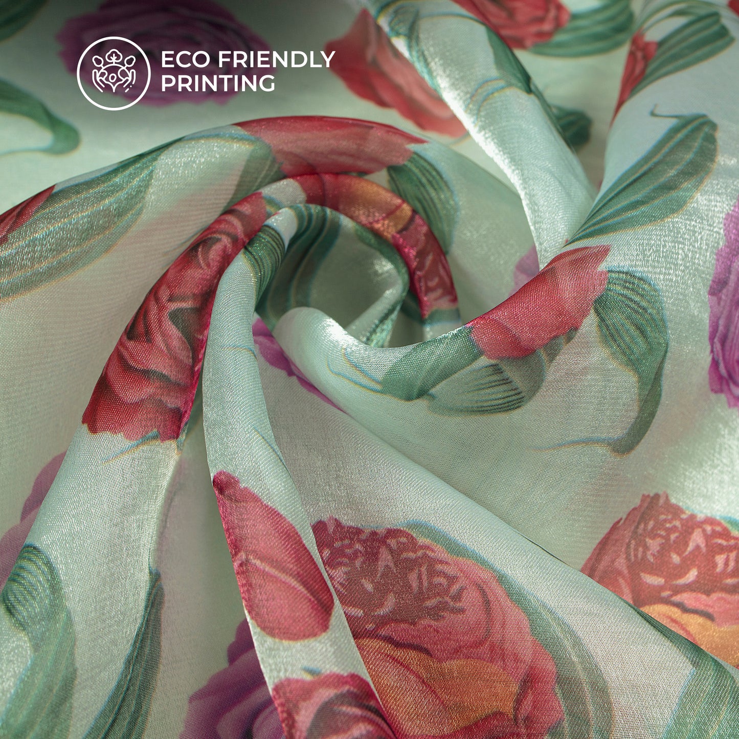 Illustrations Of Roses And Leave On Pale Green Background Digital Print Shimmer Tissue Fabric