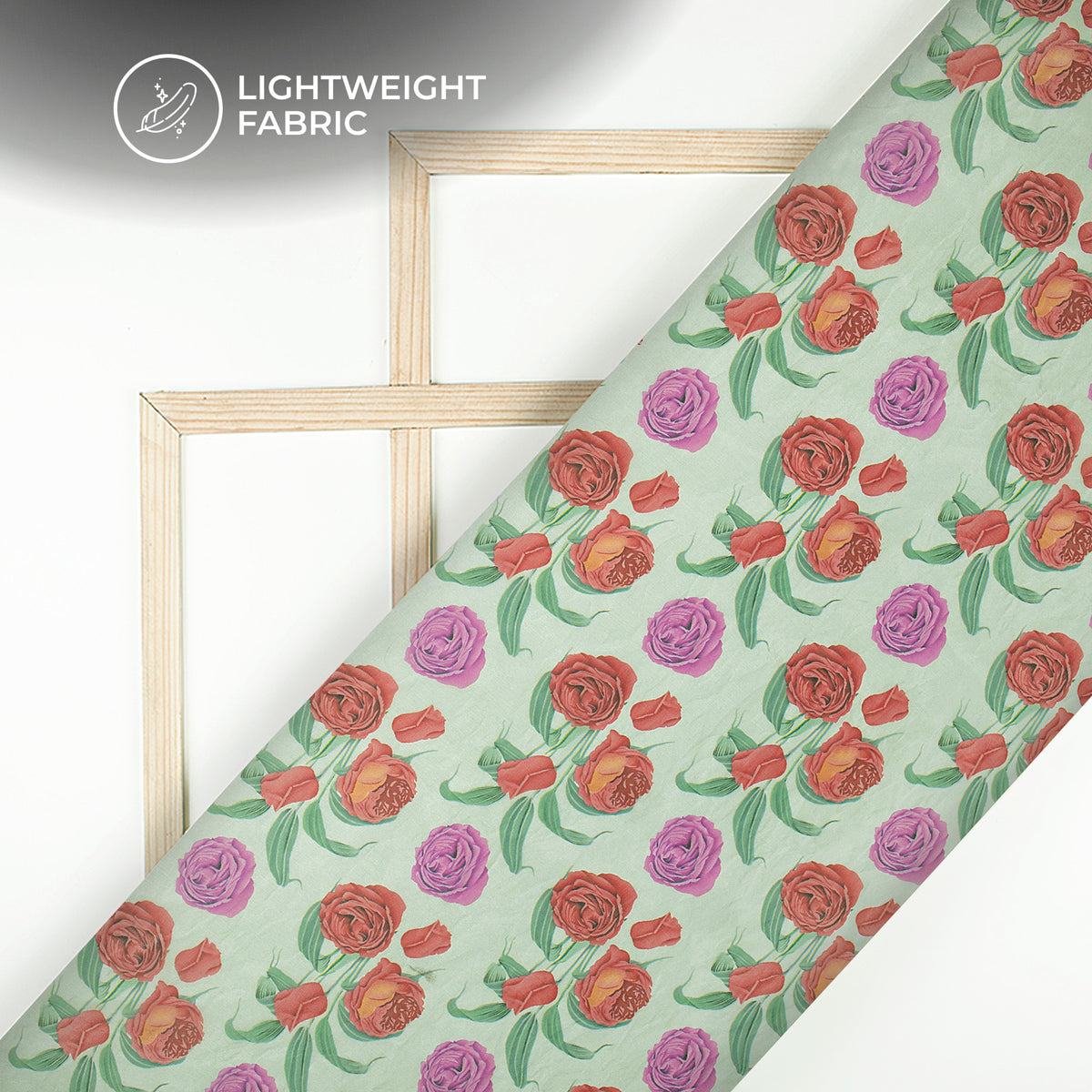 Illustrations Of Roses And Leave On Pale Green Background Digital Print Shimmer Tissue Fabric