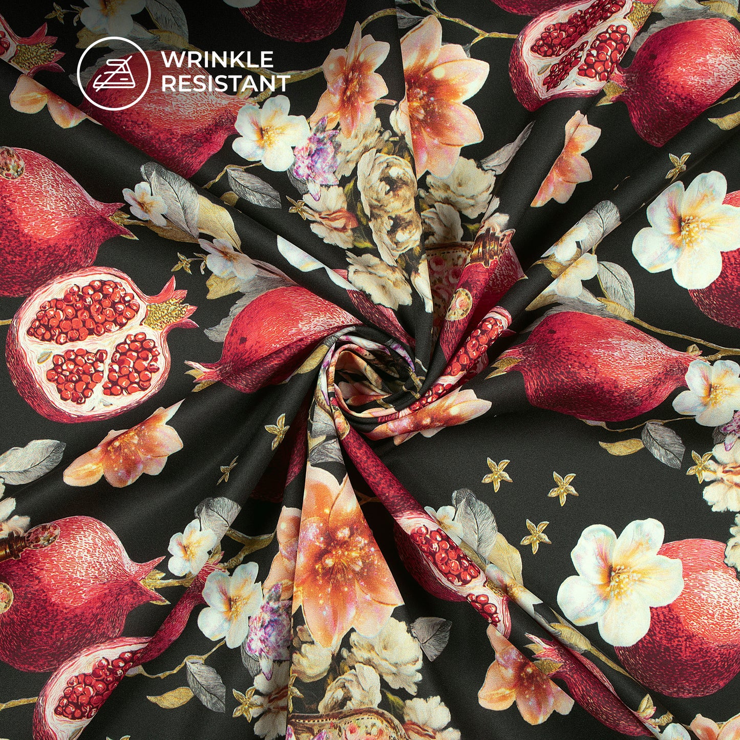 Pomegranate Fruits And Red Birds Seamless Digital Print Butter Crepe Fabric