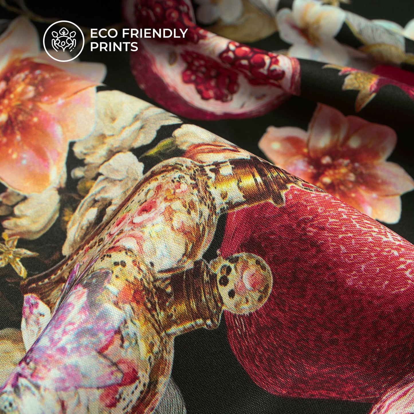 Pomegranate Fruits And Red Birds Seamless Digital Print Butter Crepe Fabric