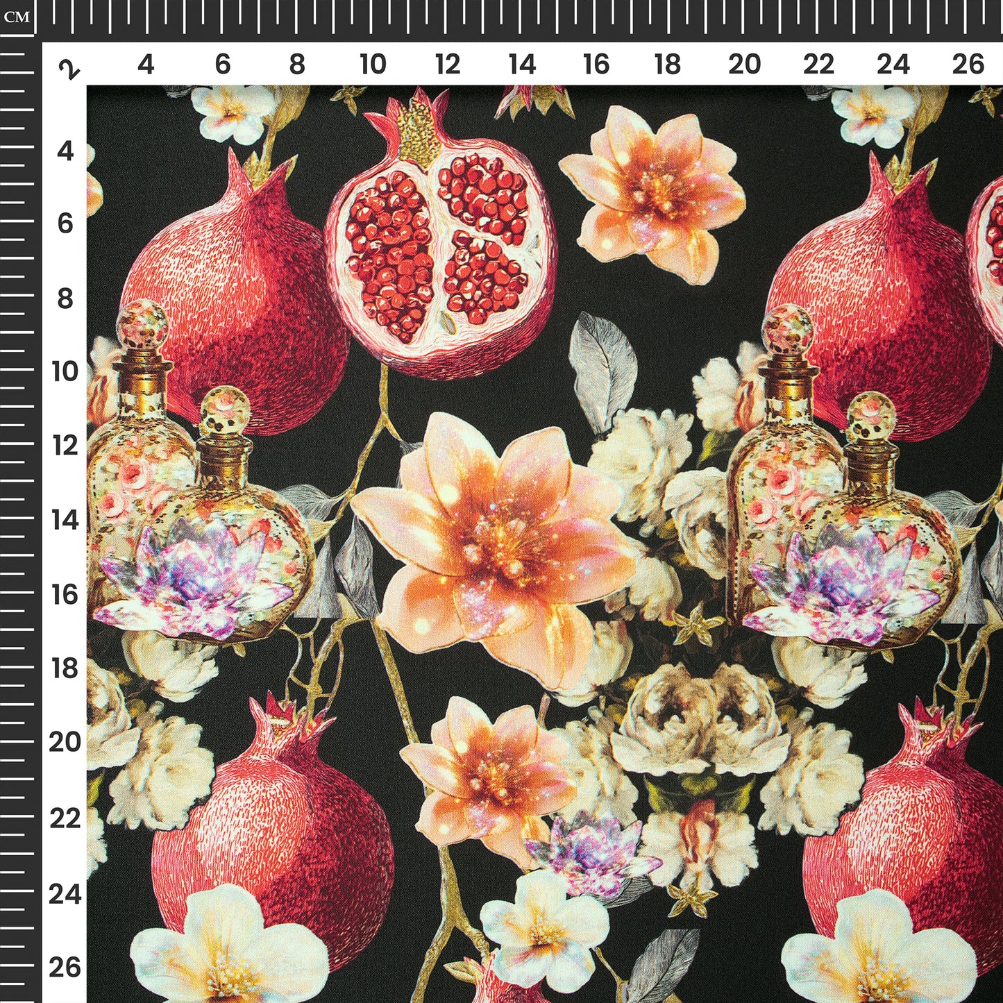 Pomegranate Fruits And Red Birds Seamless Digital Print Butter Crepe Fabric