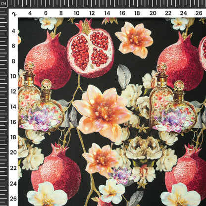 Pomegranate Fruits And Red Birds Seamless Digital Print Butter Crepe Fabric