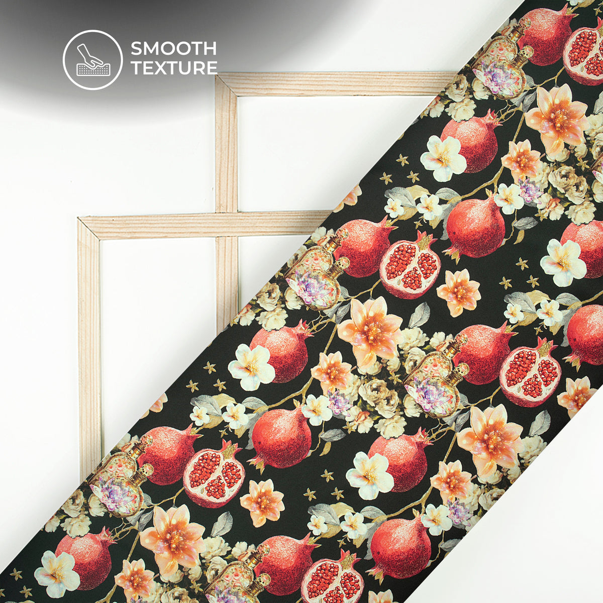 Pomegranate Fruits And Red Birds Seamless Digital Print Butter Crepe Fabric