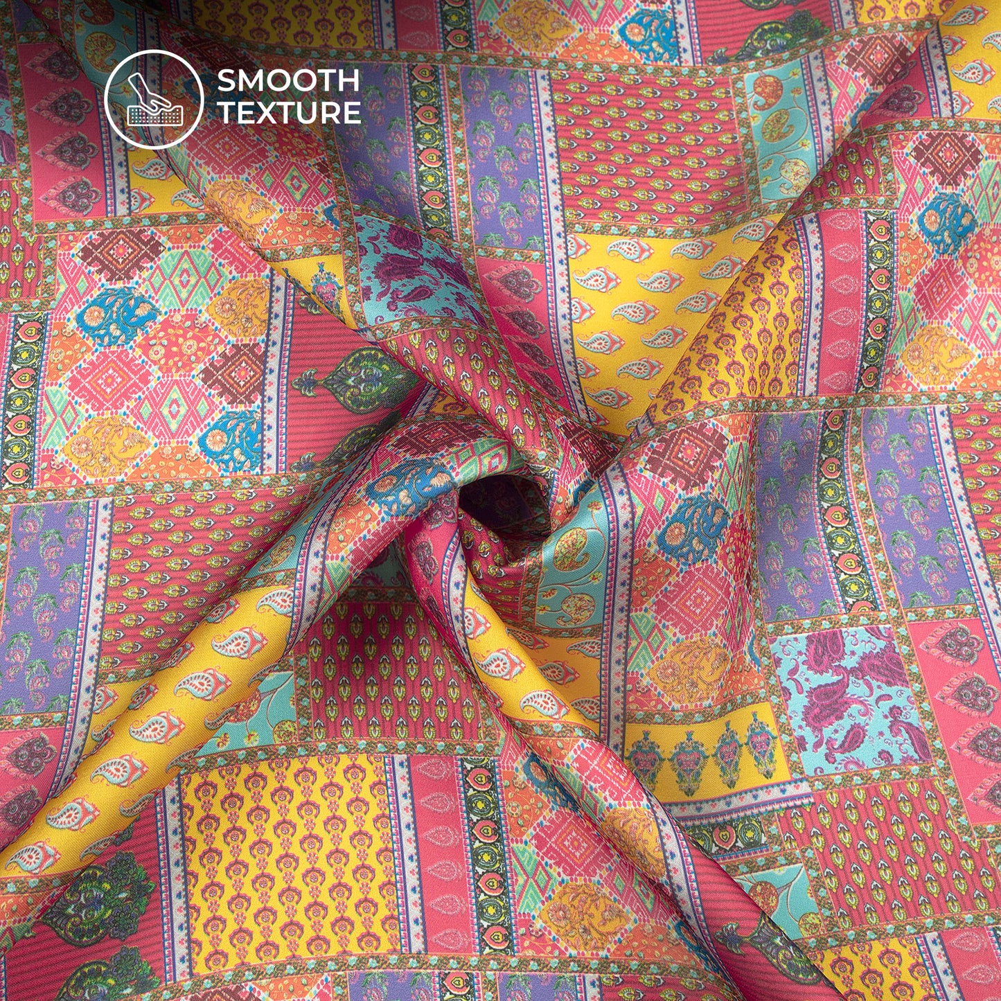 Ethnic Pathwork Digital Print Georgette Satin Fabric