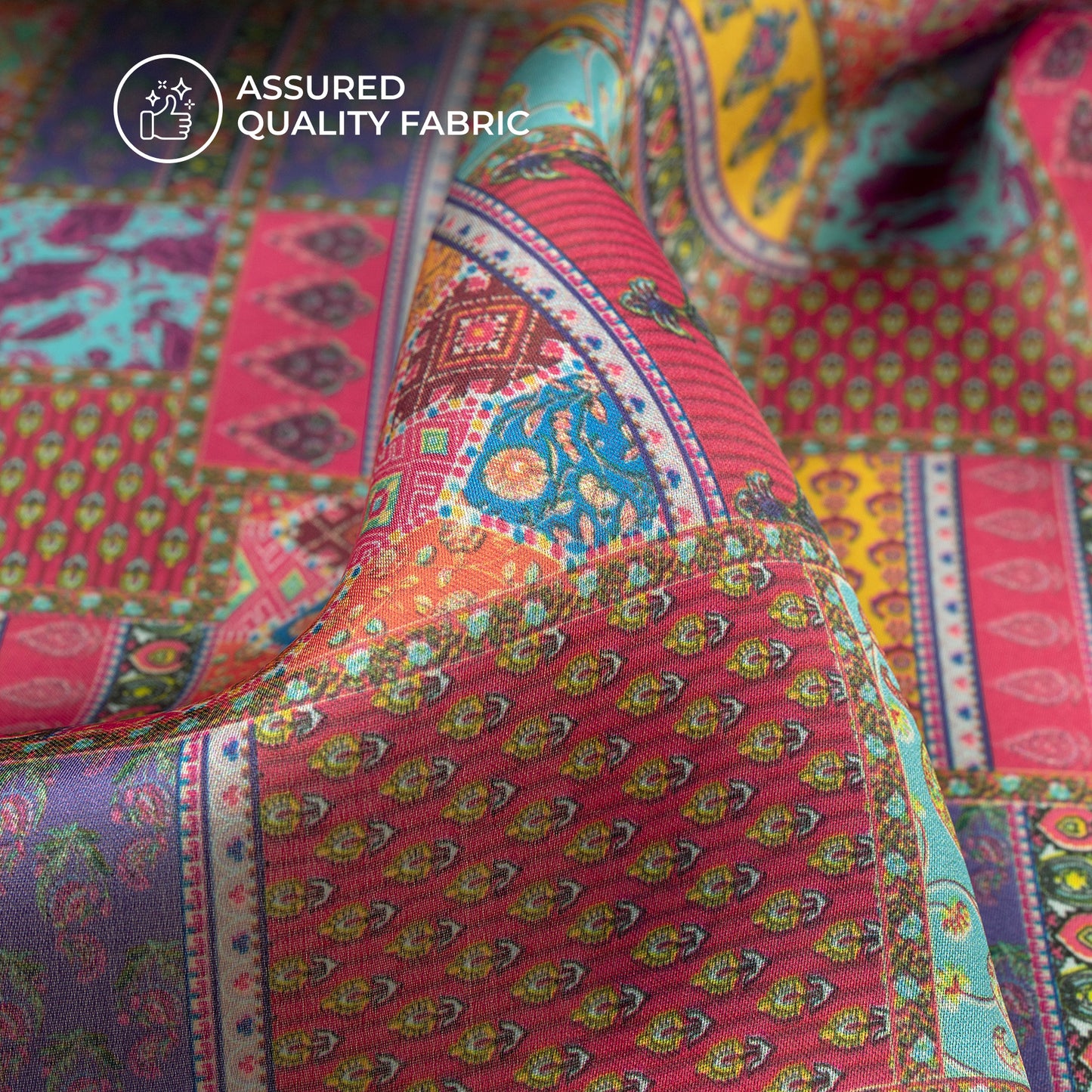 Ethnic Pathwork Digital Print Georgette Satin Fabric