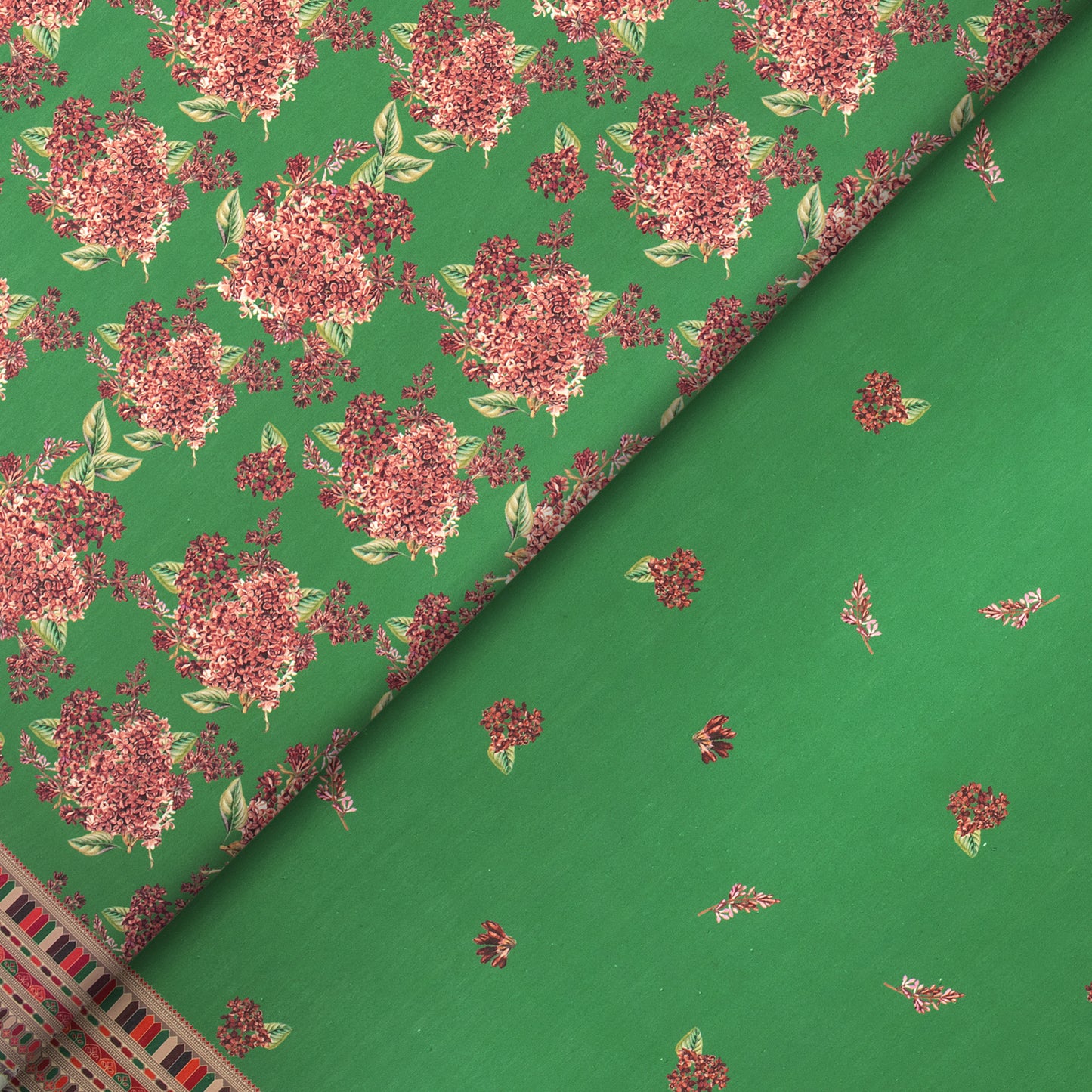 Red Pinkish Lilac Flowers With Solid Green Background Digital Print Muslin Fabric