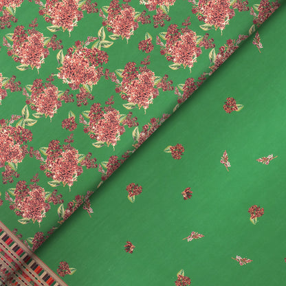 Red Pinkish Lilac Flowers With Solid Green Background Digital Print Muslin Fabric