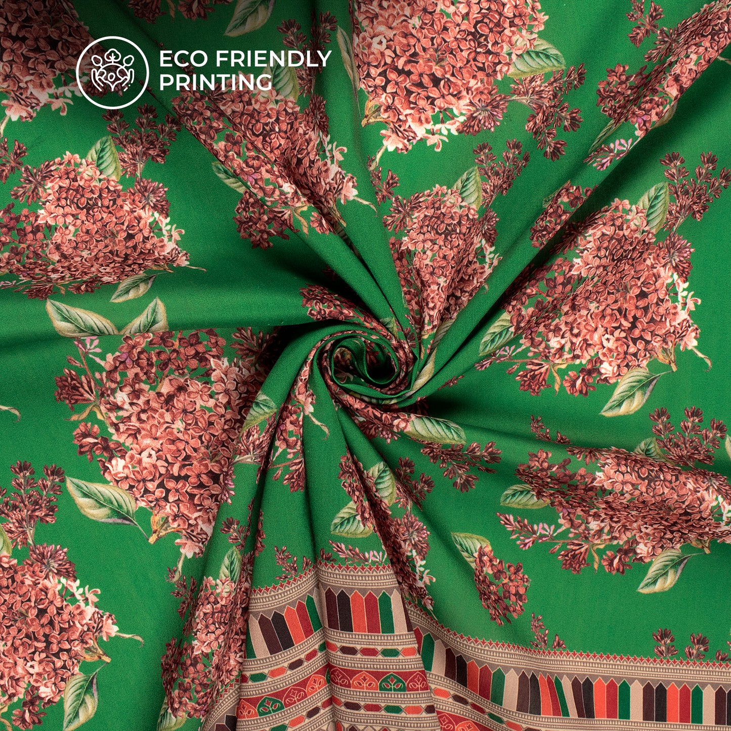 Red Pinkish Lilac Flowers With Solid Green Background Digital Print Muslin Fabric