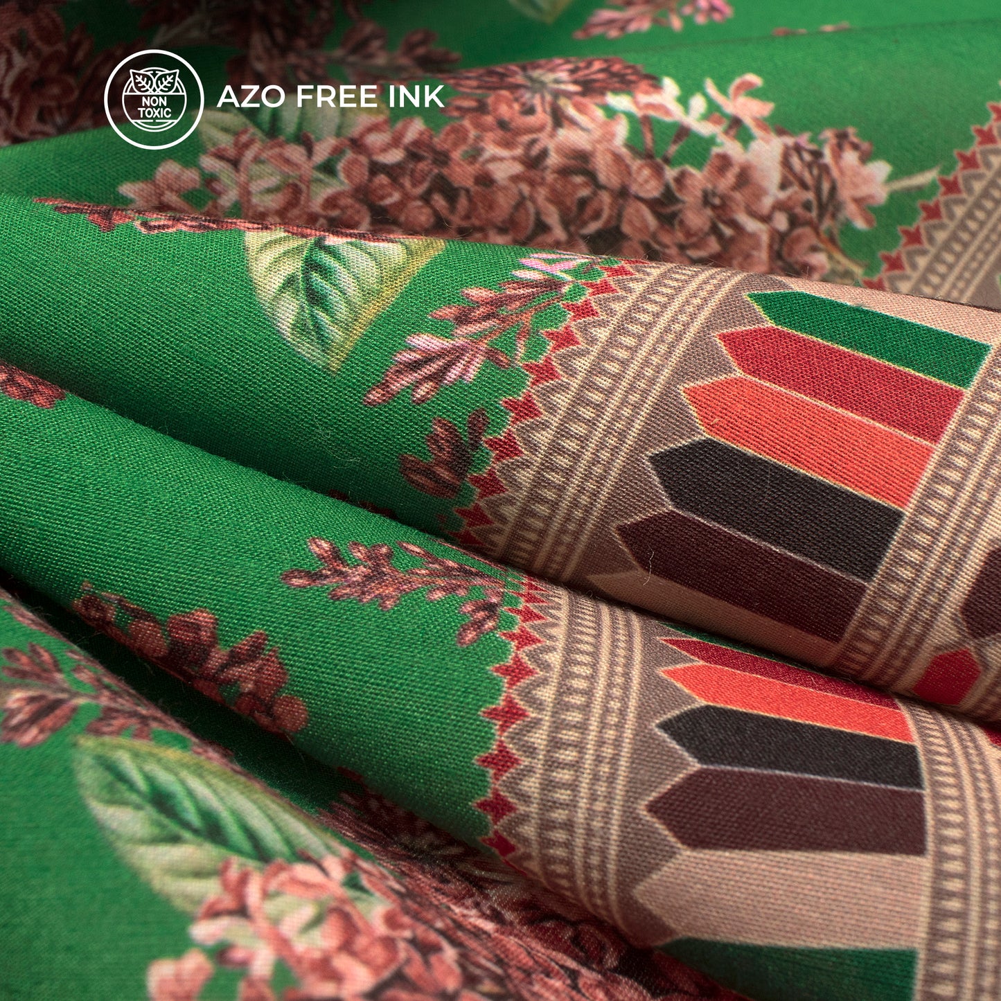 Red Pinkish Lilac Flowers With Solid Green Background Digital Print Muslin Fabric