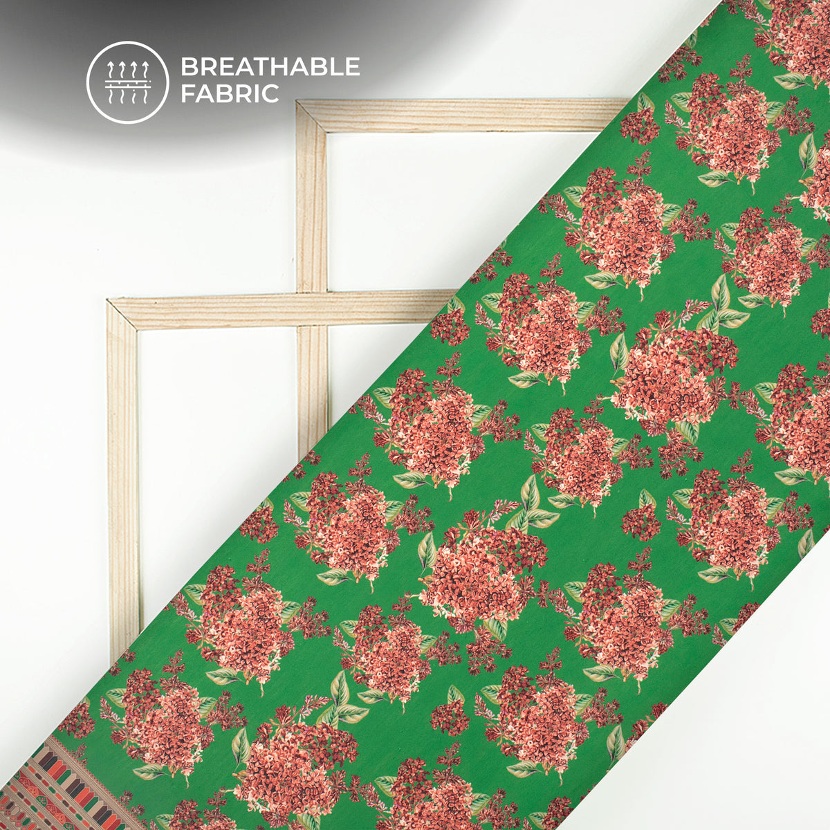 Red Pinkish Lilac Flowers With Solid Green Background Digital Print Muslin Fabric