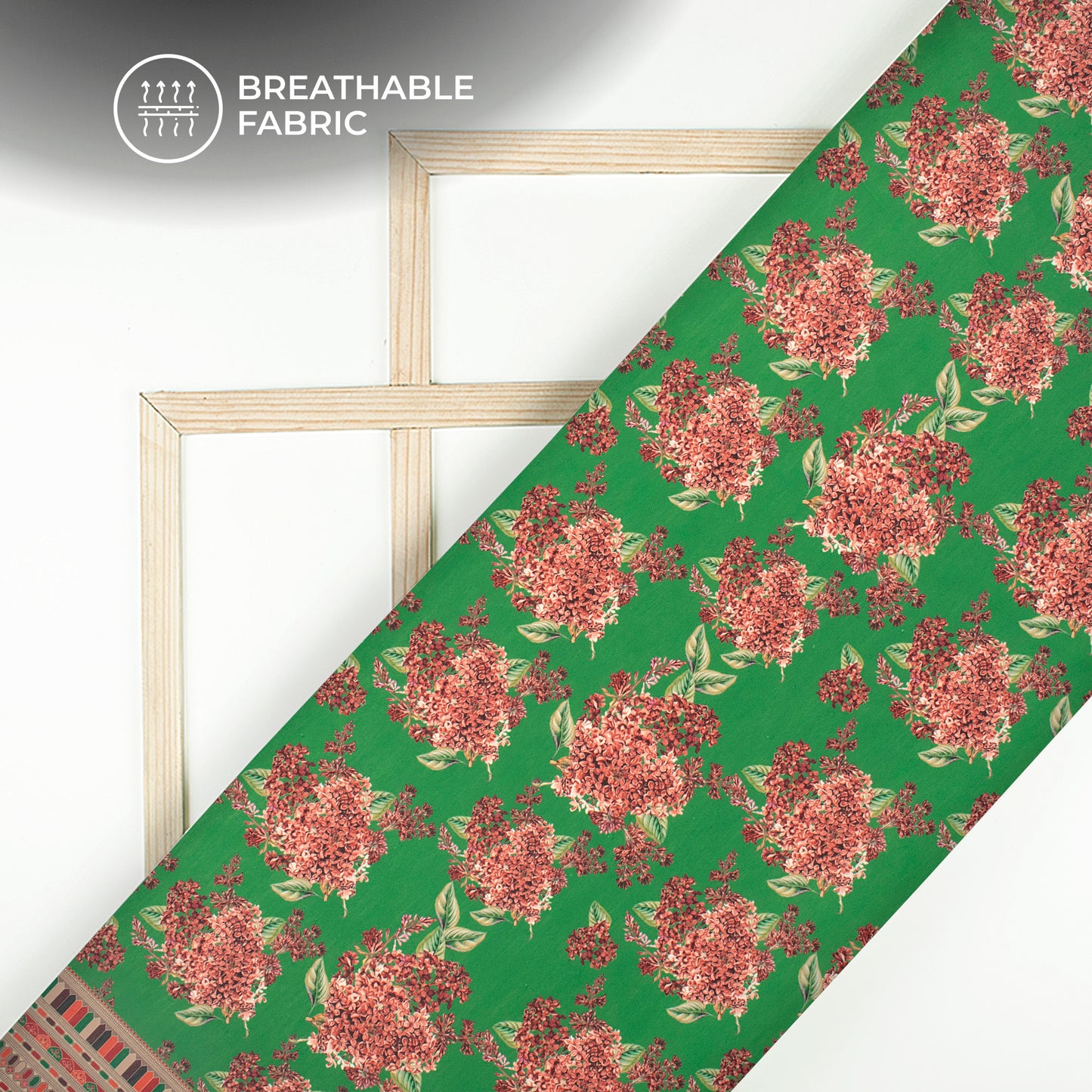 Red Pinkish Lilac Flowers With Solid Green Background Digital Print Muslin Fabric