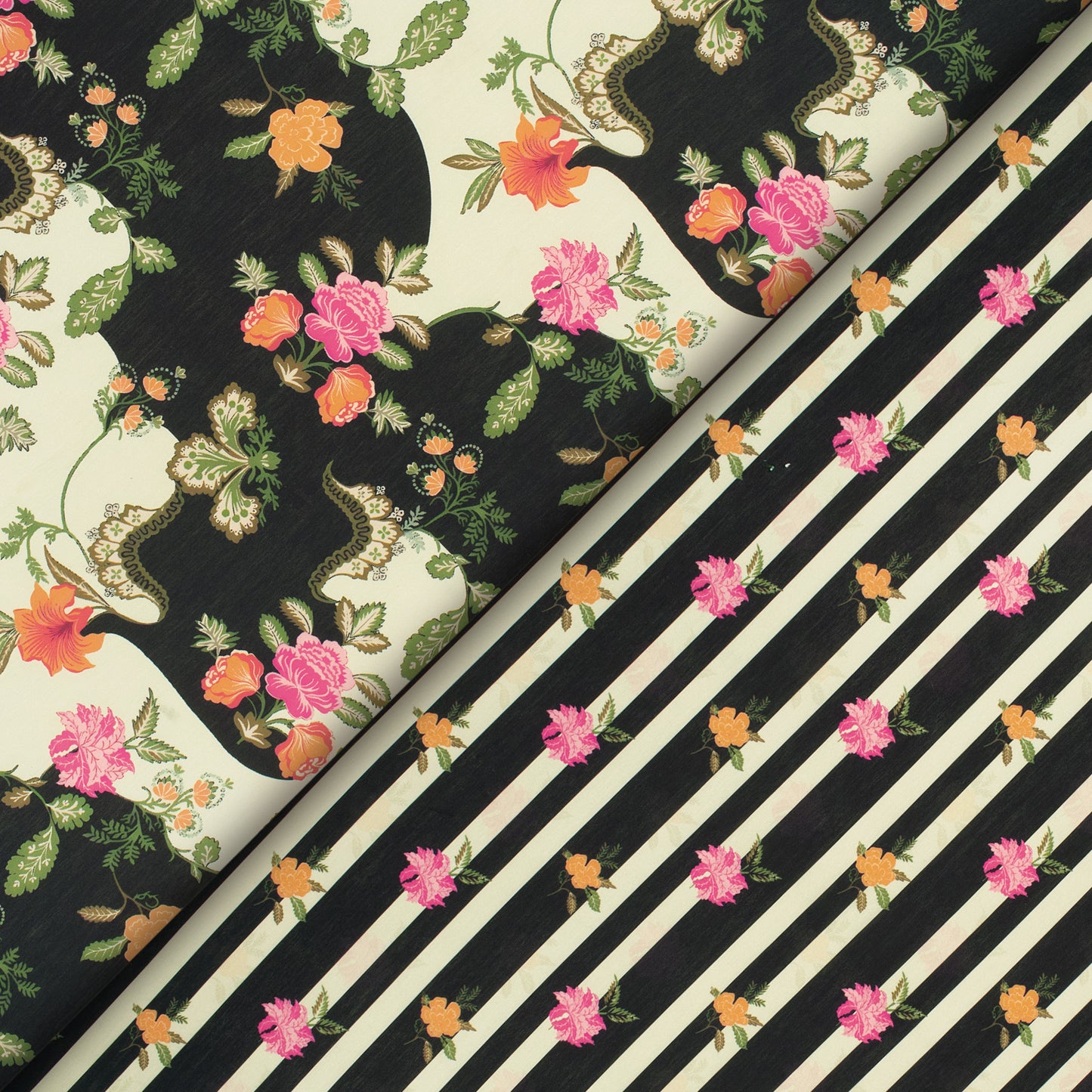 Classic Ethnic Floral Contrast - Black × Cream Digital Print Muslin Fabric