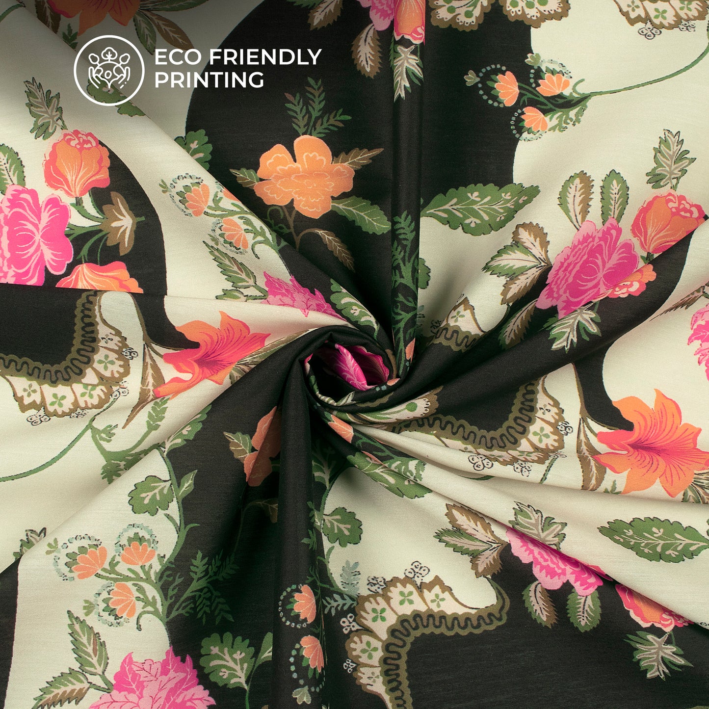Classic Ethnic Floral Contrast - Black × Cream Digital Print Muslin Fabric