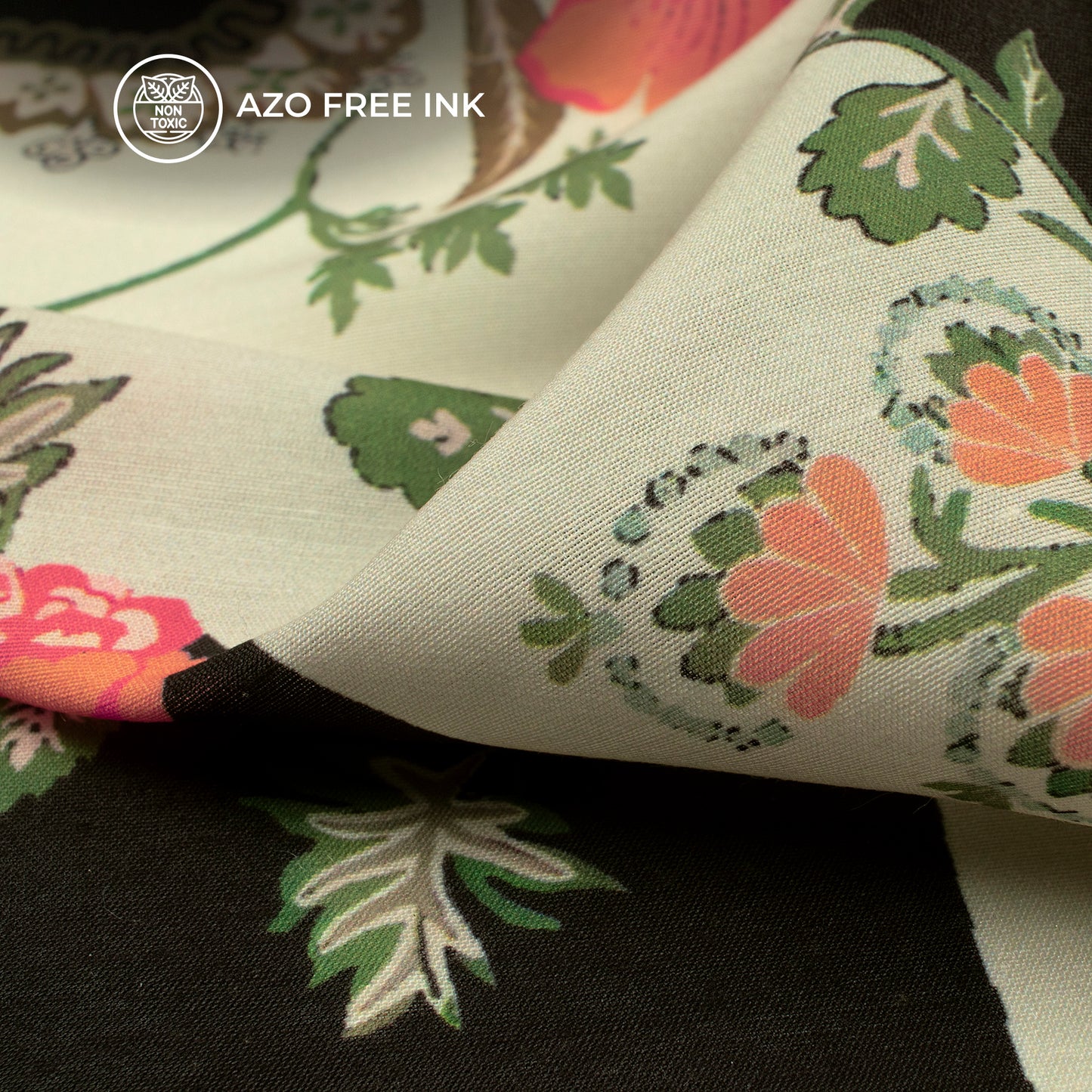 Classic Ethnic Floral Contrast - Black × Cream Digital Print Muslin Fabric