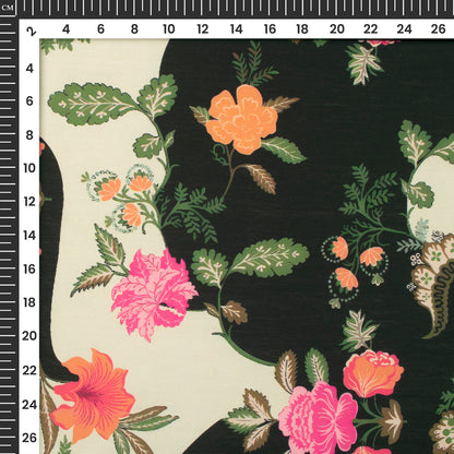 Classic Ethnic Floral Contrast - Black × Cream Digital Print Muslin Fabric