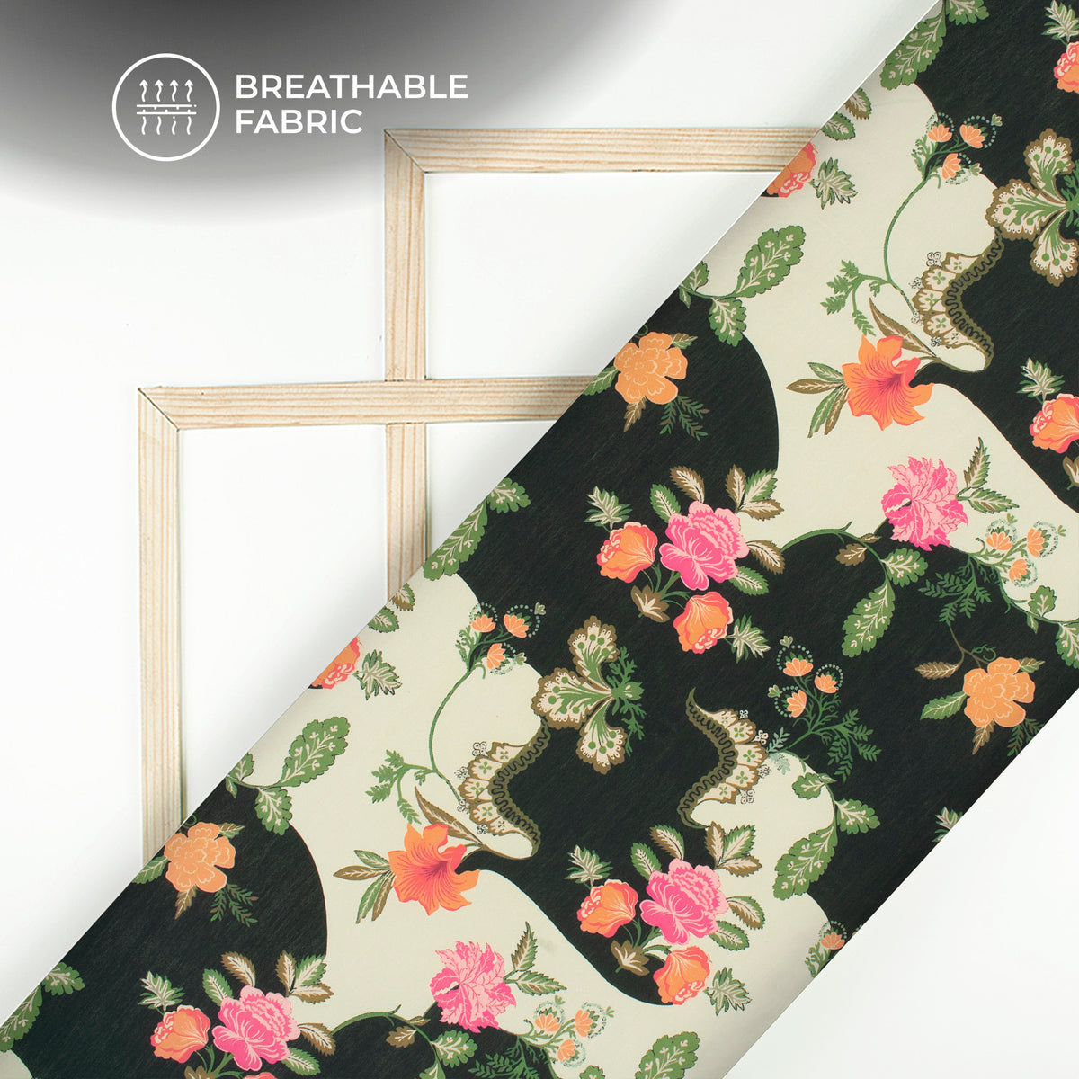 Classic Ethnic Floral Contrast - Black × Cream Digital Print Muslin Fabric
