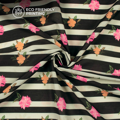 Seamless Floral Pattern On Striped Background Digital Print Muslin Fabric
