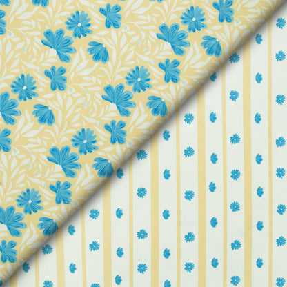 Simple Blue Flowers On Diagonal Beige Stripes Digital Print Muslin Fabric