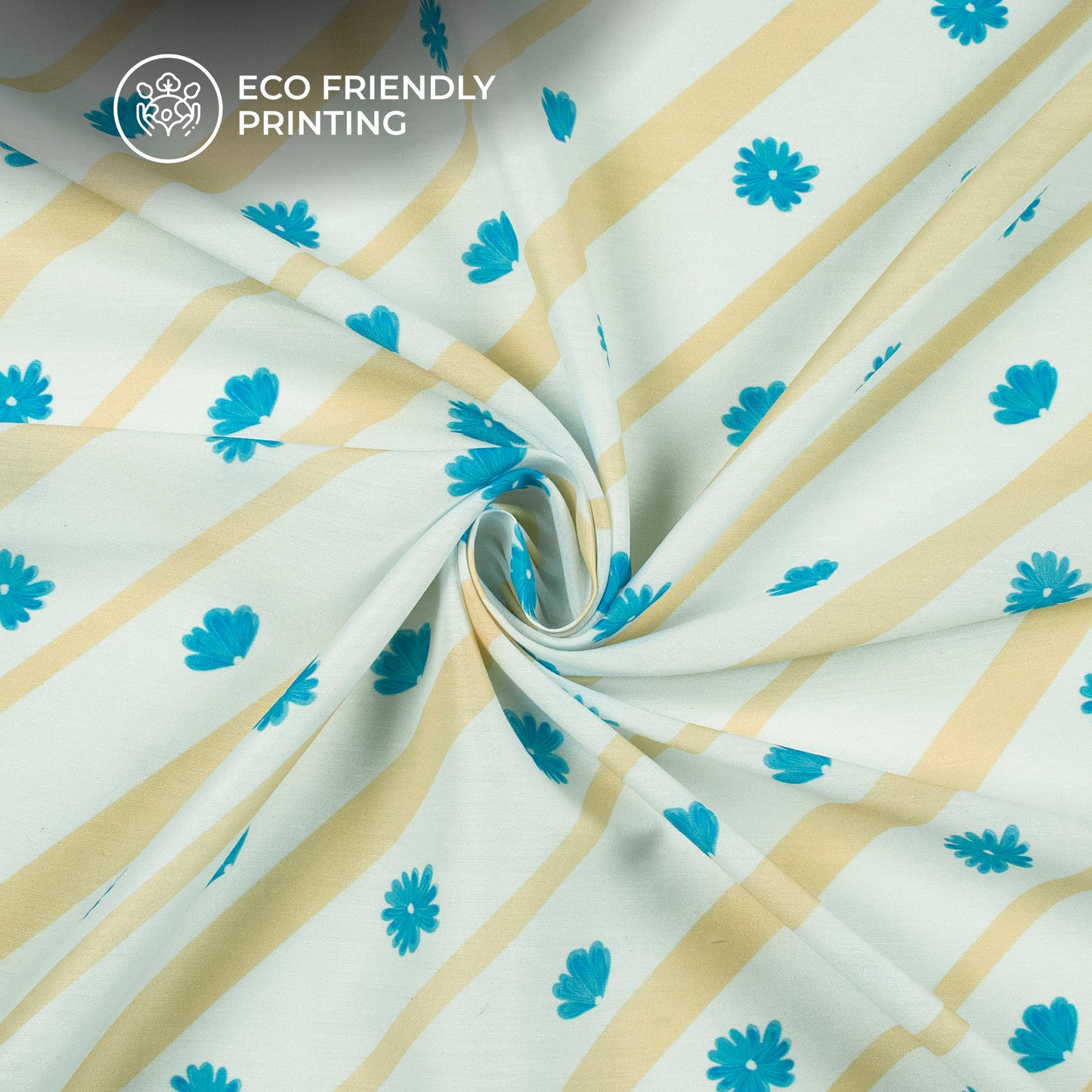 Simple Blue Flowers On Diagonal Beige Stripes Digital Print Muslin Fabric